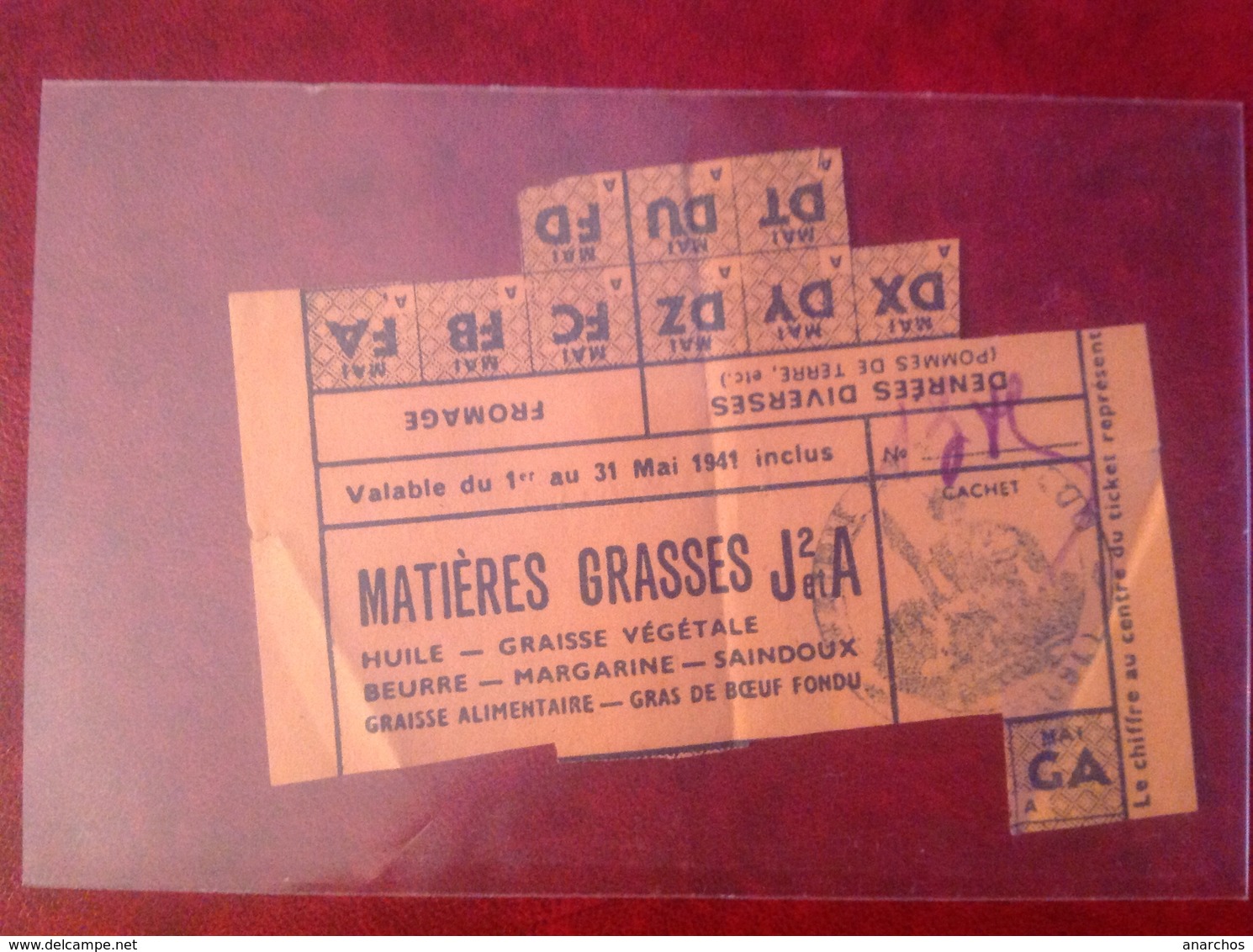 Ticket De Rationnement 1941 Mairie De Lapalud Margarine Saindoux - Autres & Non Classés