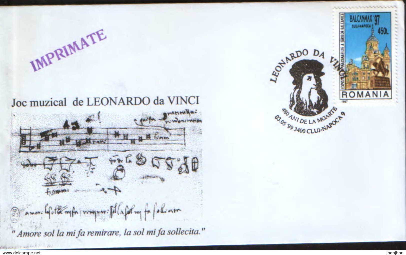 Romania - Envelope Occasionally 1999 - Leonardo Da Vinci,450 Years After His Death - Musical Play - Escritores