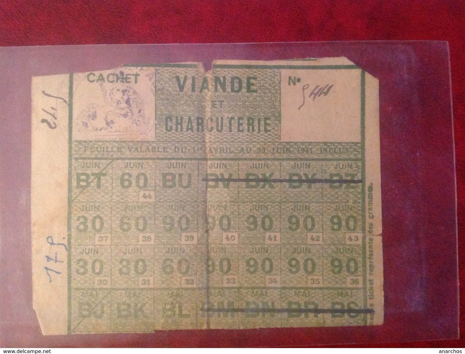 Ticket De Rationnement 1941 Mairie De Lapalud Boucherie Barnier - Autres & Non Classés