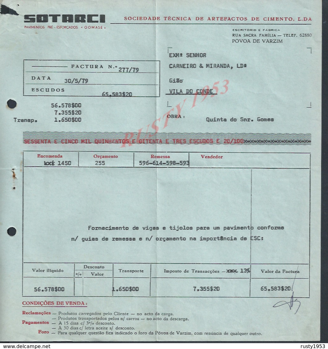 PORTUGAL FACTURE DE 1979 SOTARCI CIMENT A POVOA DE VARZIM  : - Portugal