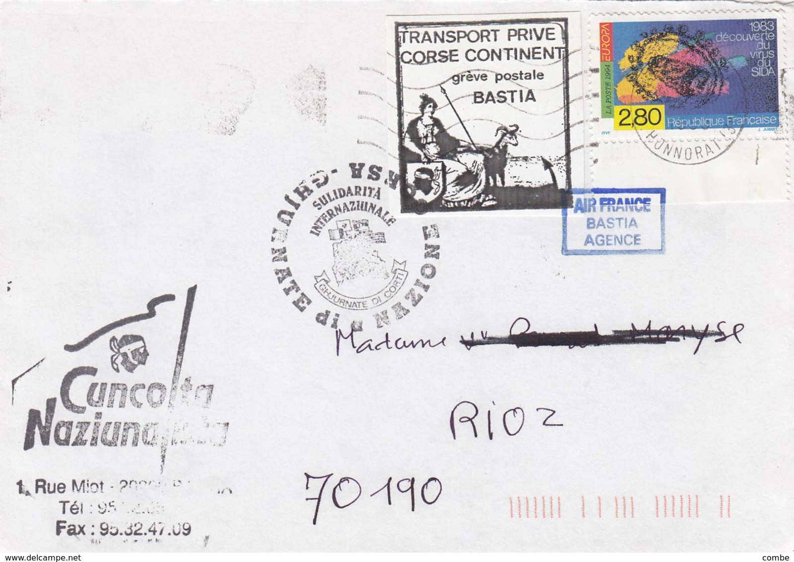 FRANCE LETTRE AFFRANCHIE AVEC LE TIMBRE DE GREVE TRANSPORT PRIVE CORSE CONTINENT GREVE POSTALE BASTIA 1995 AIR FRANCE - Other & Unclassified