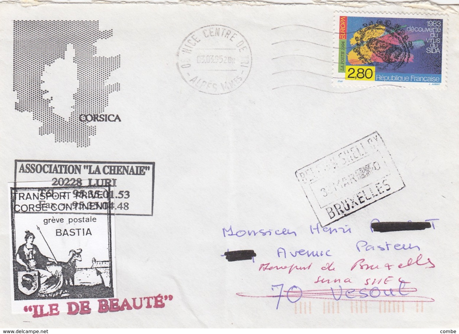 FRANCE LETTRE AFFRANCHIE AVEC LE TIMBRE DE GREVE TRANSPORT PRIVE CORSE CONTINENT GREVE POSTALE BASTIA 1995 BELGIQUE - Other & Unclassified