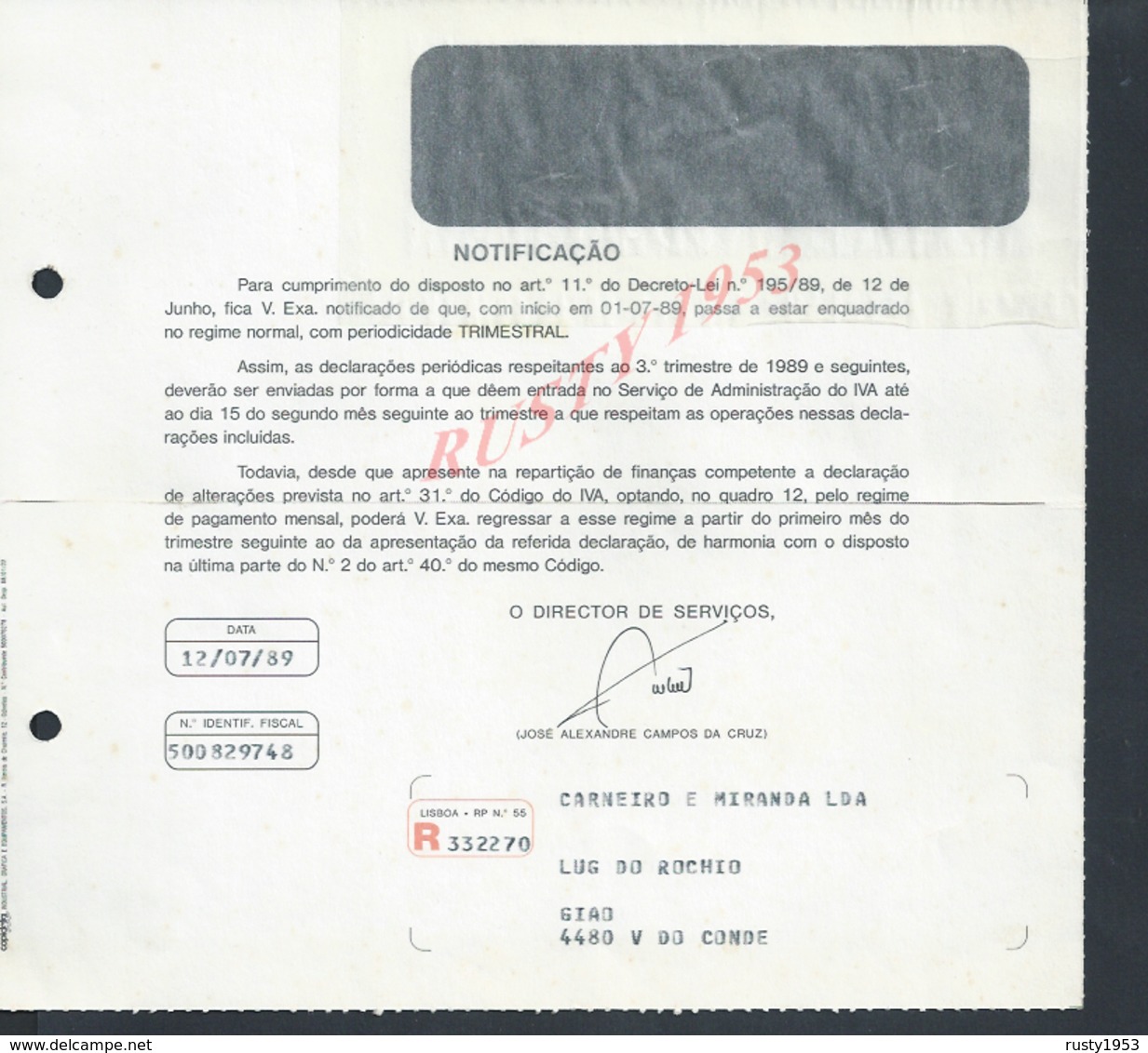 PORTUGAL LETTRE DU MINISTÉRE DES FINANCES EN AR + OB CTT VILA DO CONDE 1989 : - Flammes & Oblitérations