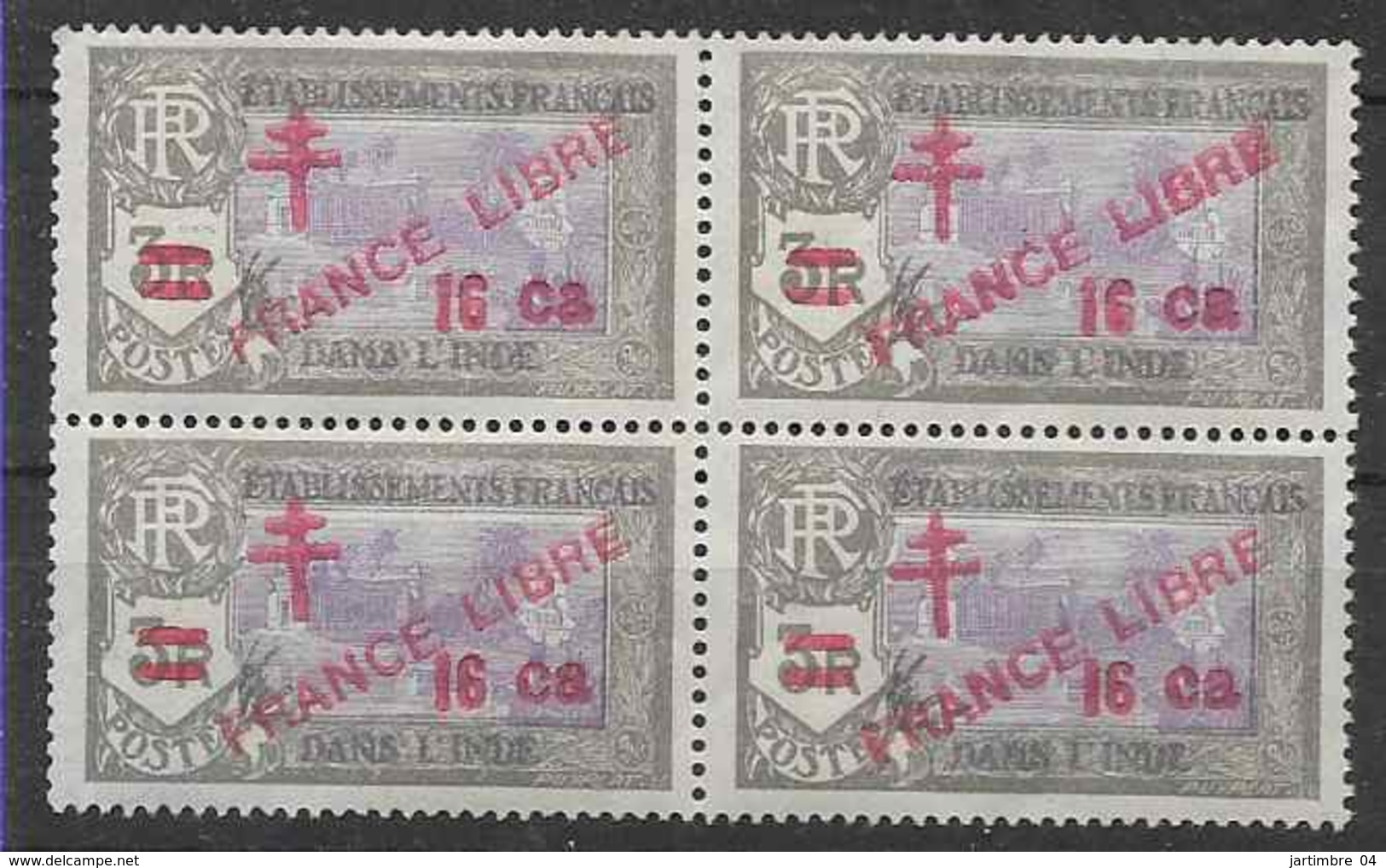 1943 INDE FRANCAISE 209** France Libre , Surchargé, Bloc De 4 - Unused Stamps