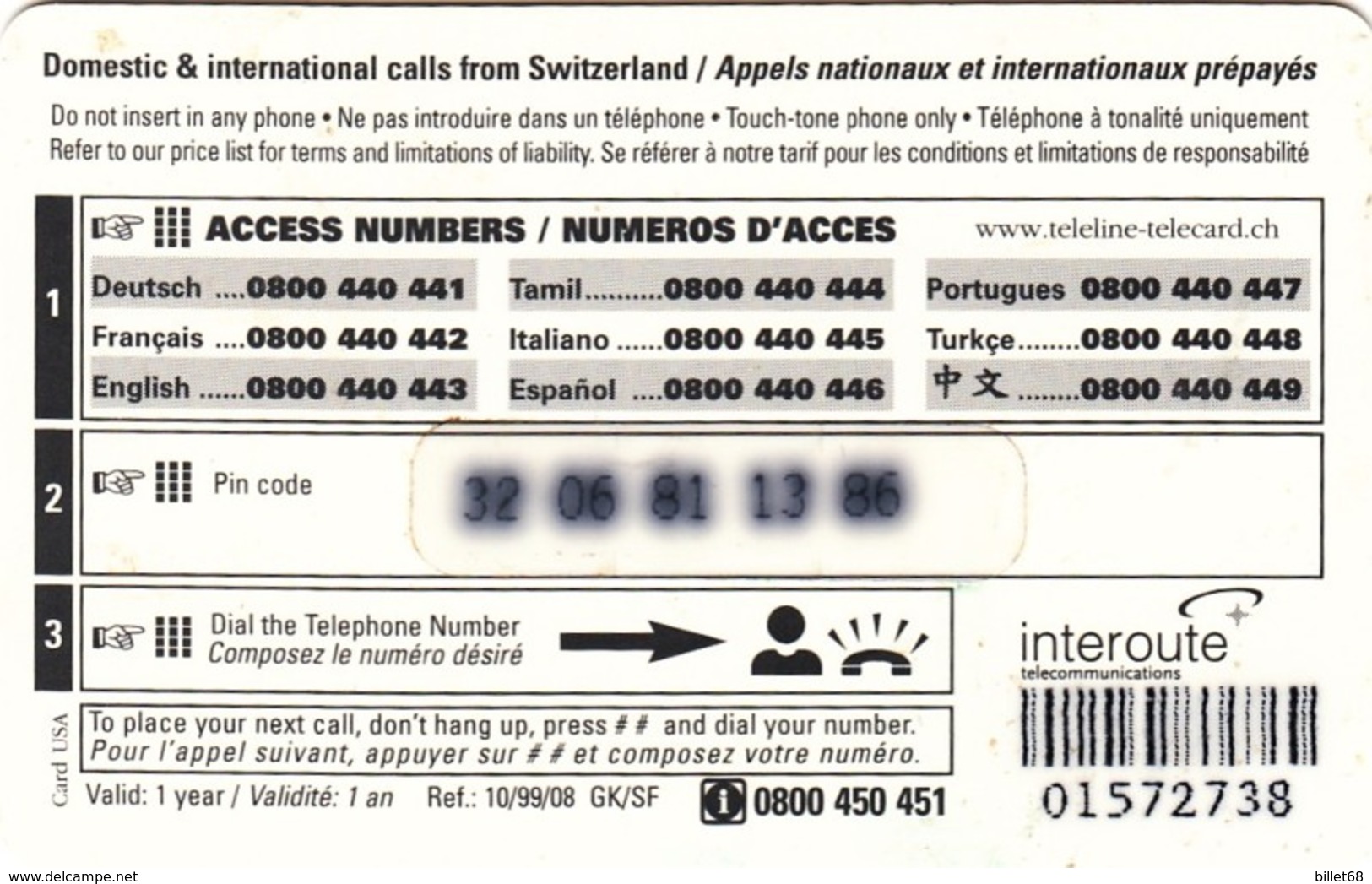 Telecarte SUISSE  TELELINE -  OISEAU - - Sonstige & Ohne Zuordnung