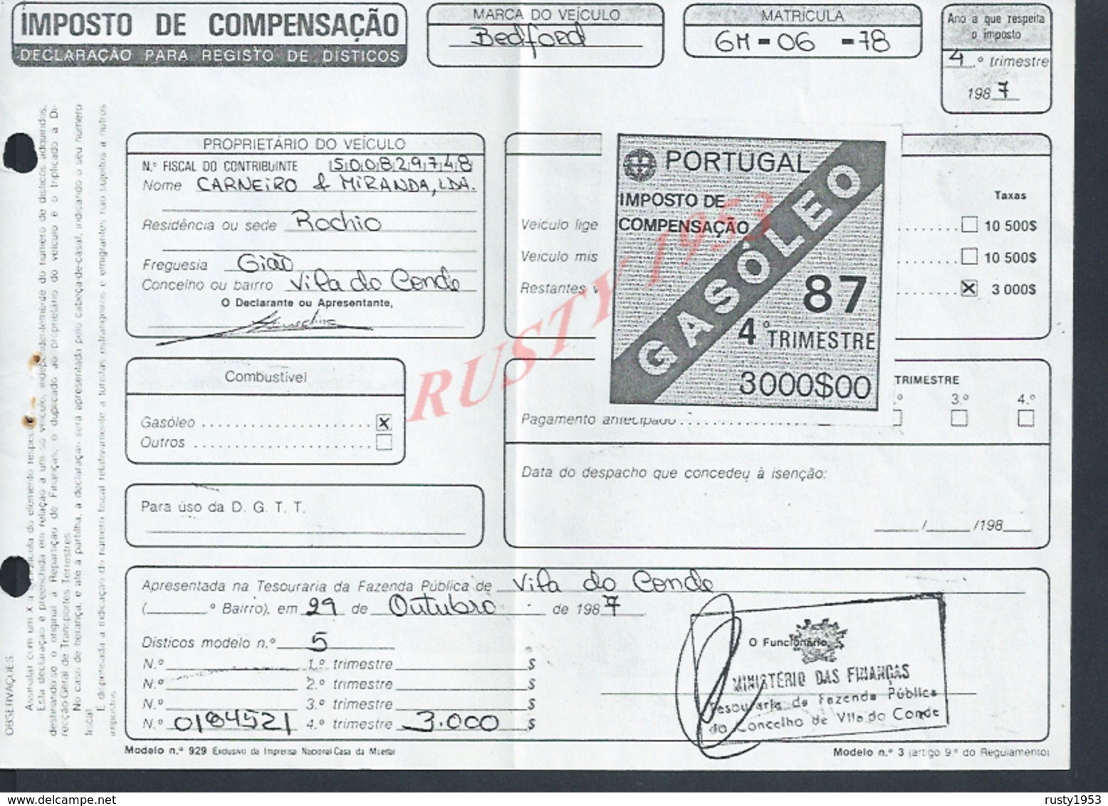 PORTUGAL FACTURE DE 1987 IMPOT SUR CAMION BEDFORD MINISTÉRE DES FINANCE : - Portugal