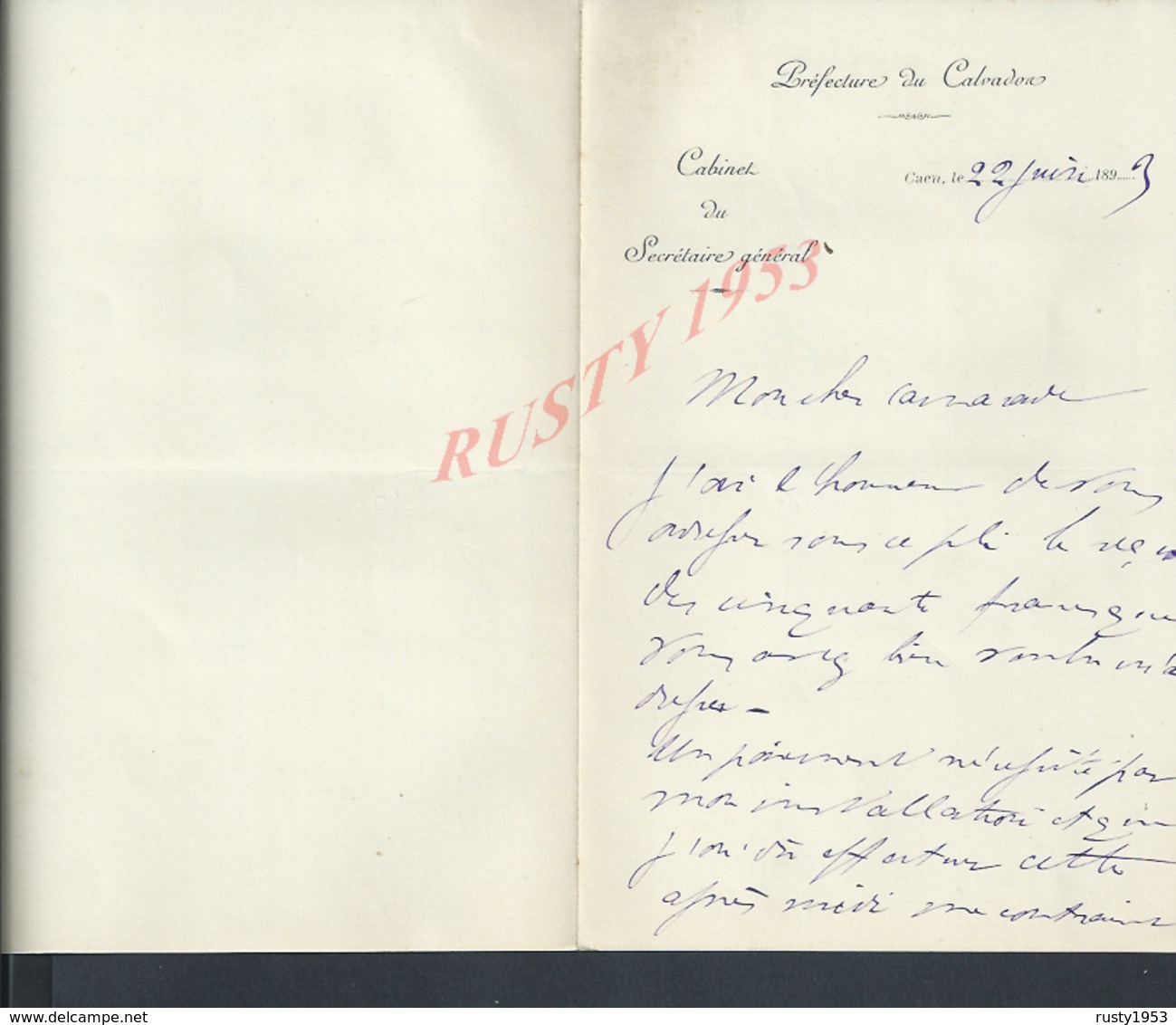 LETTRE DE 1899 ECRITE DE LA PRÉFECTURE DU CALVADOS CAEN : - Manuscripts