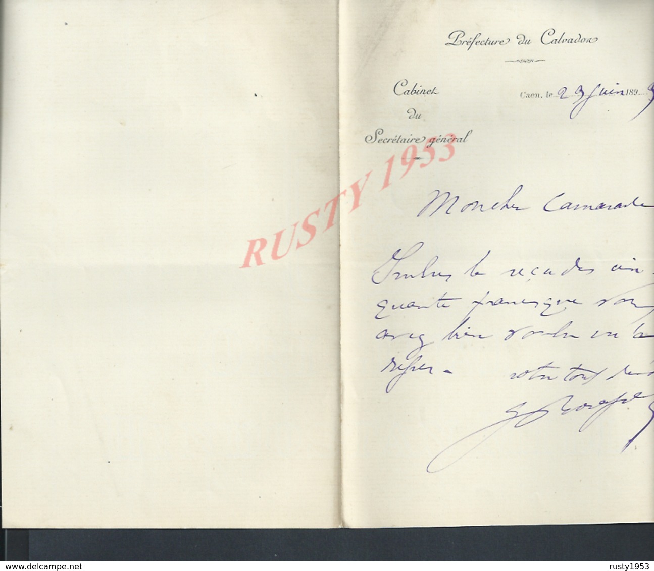 LETTRE DE 1899 ECRITE DE LA PRÉFECTURE DU CALVADOS CAEN : - Manuscripts