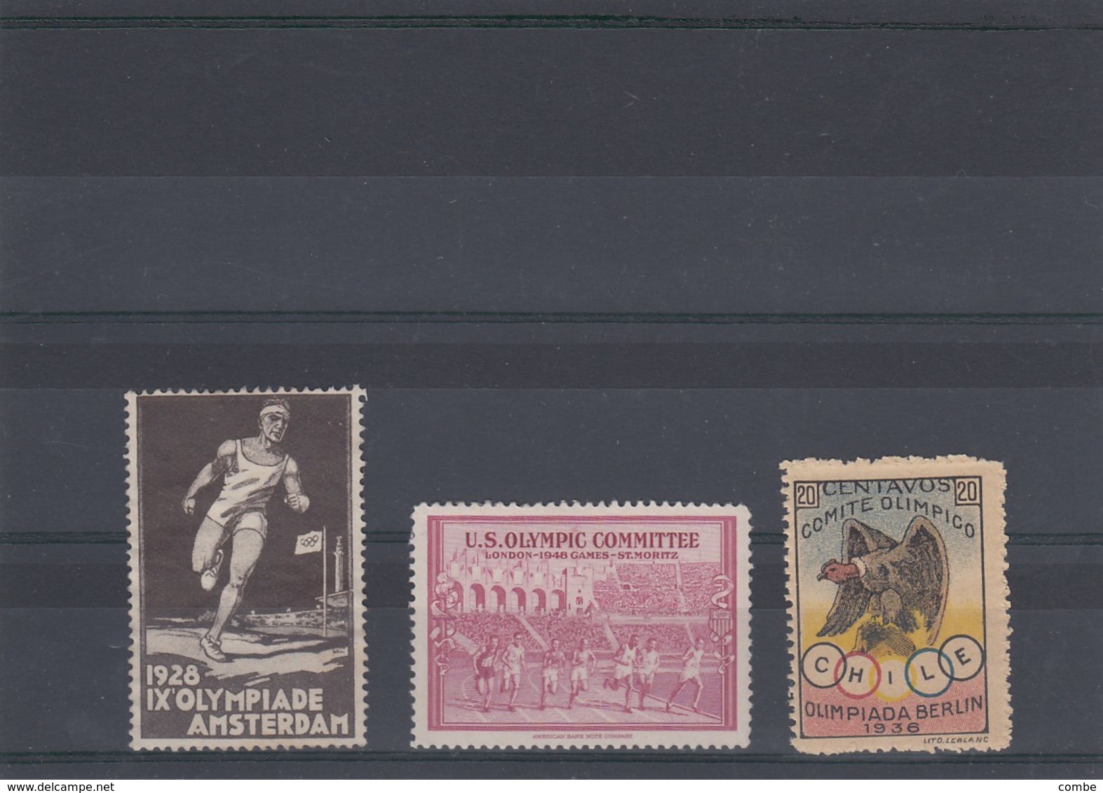 3 VIGNETTES. 1928 IX OLYMPIADE AMSTERDAM / US OLYMPIC COMMITEE / CENTAVOS COMITE OLIMPICO OLIMPIADA BERLIN 1936 - Sports