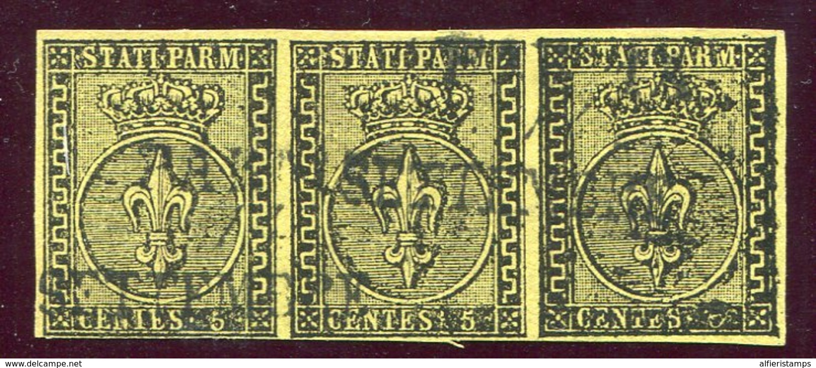 1852-PARMA- 5 C. GIALLO,STRISCIA DI 3   - USATI -LUXE ! - Parme