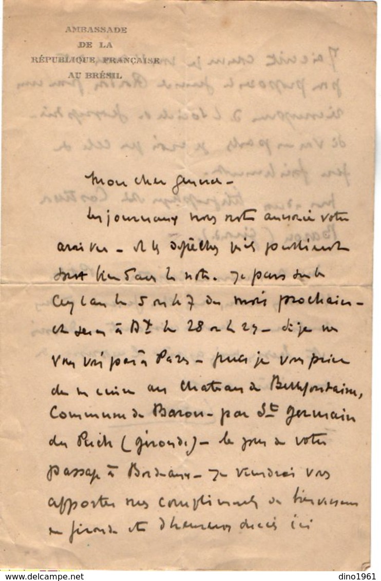 VP13.068 - Ambassade De La République Française Au BRESIL - Lettre Pour Mr Le Général GAMELIN - Manuscripts