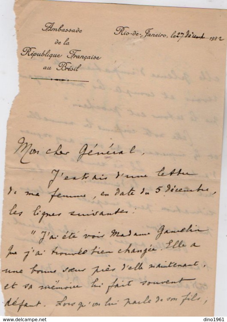 VP13.069 - Ambassade De France à RIO DE JANEIRO 1922 - Lettre De Mr L'Ambassadeur R. CONTY Pour Mr Le Général GAMELIN - Manuscripts