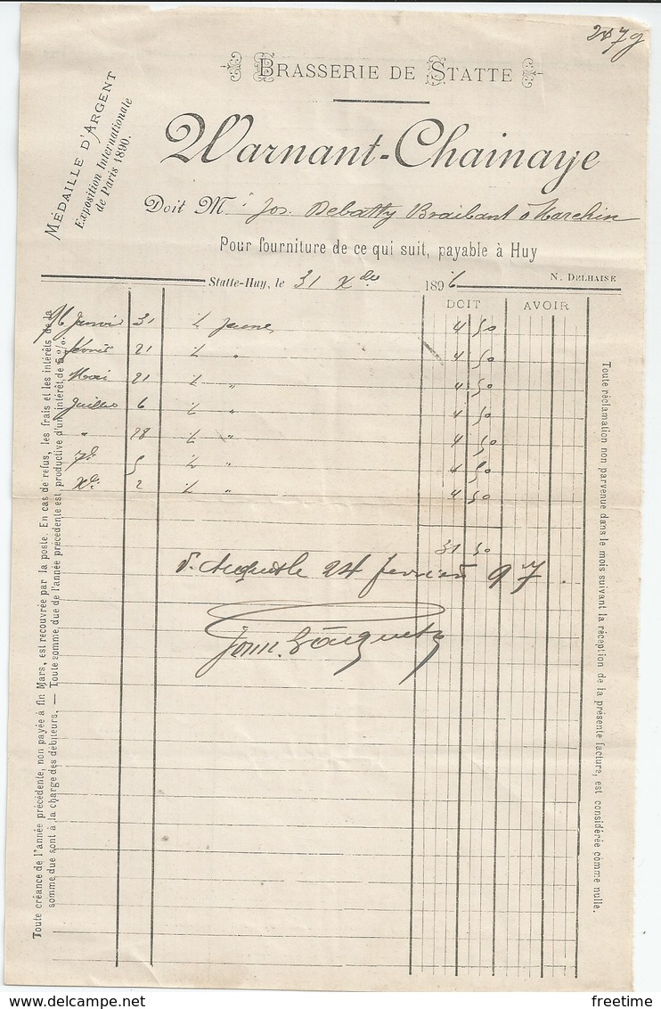 Facture Brasserie Warnant à Statte 1897 - Andere & Zonder Classificatie