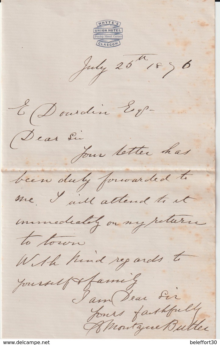 Lettre "Whyte's Union Hotel" , Montague Butler,  Glasgow, 1876 - Royaume-Uni