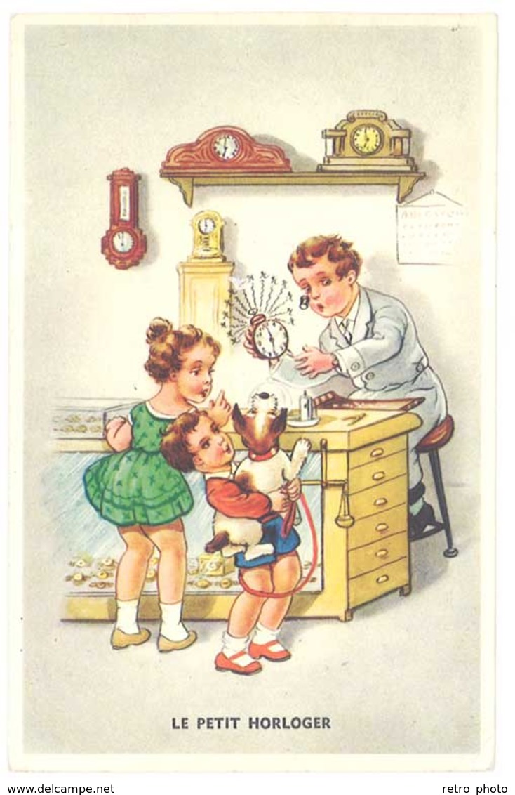 Cpa " Le Petit Horloger ",  Enfants & Chien, Réveil, Horloge ( ILL ) - Zeitgenössisch (ab 1950)