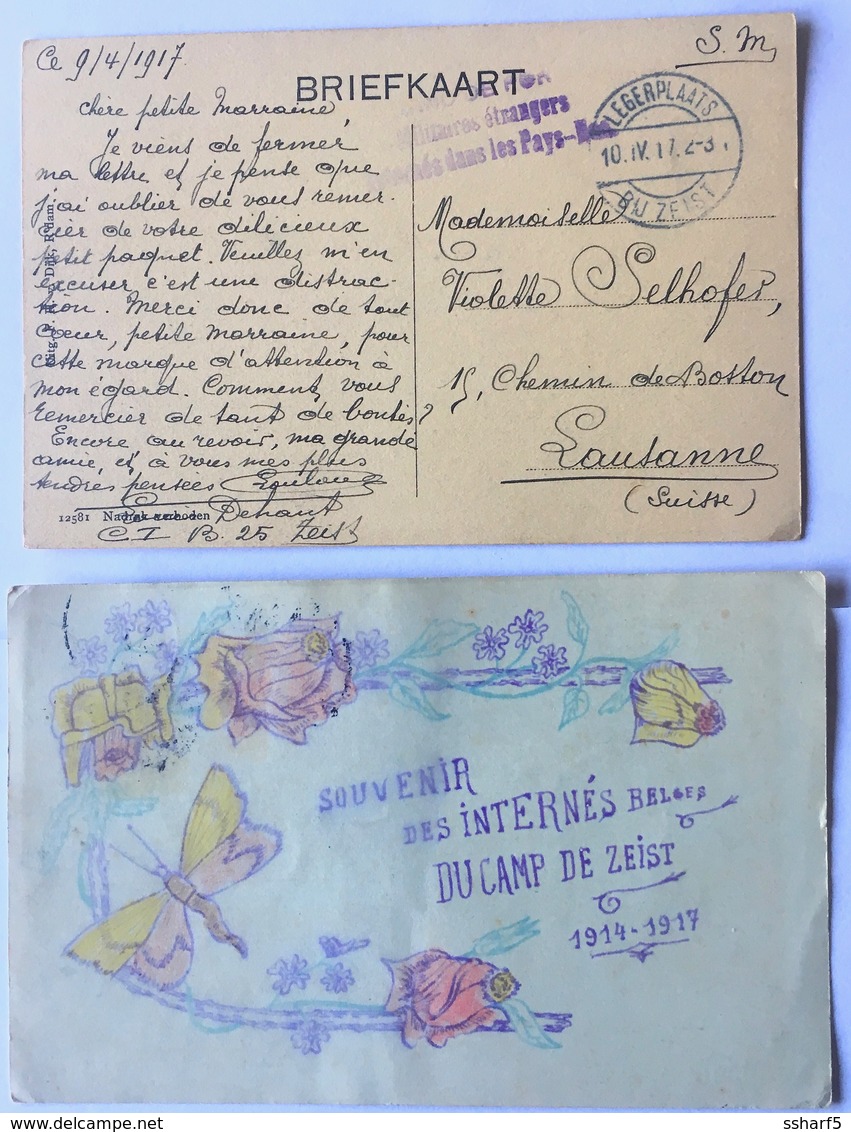 2 WWI Postcards Souvenir Des Internés Belges Du Camp De Zeist (dessin) FRANC DE PORT Militaires étrangers Dsles Pays-Bas - Brieven En Documenten