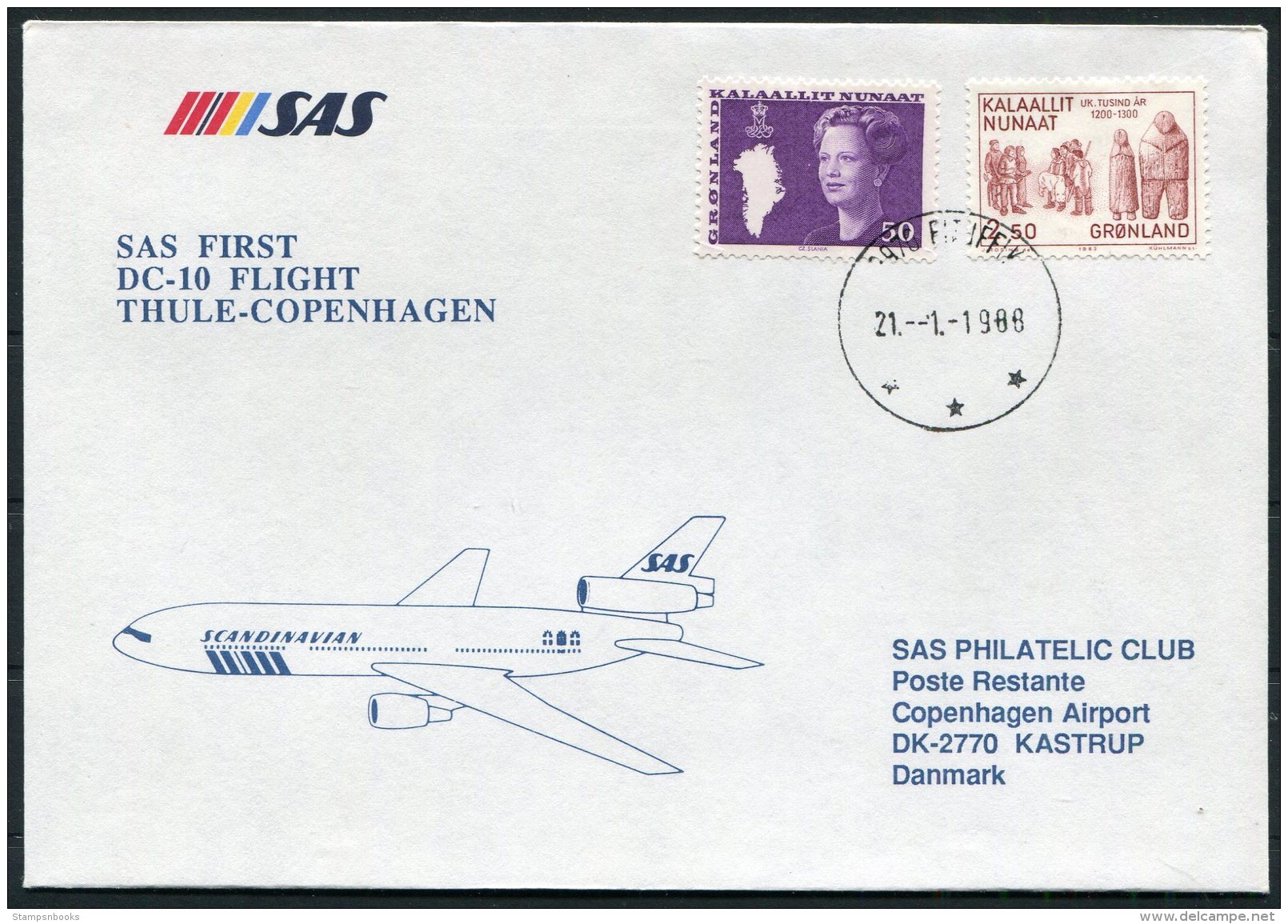 1988 Greenland SAS First Flight Cover. Thule - Copenhagen Denmark, Slania - Covers & Documents