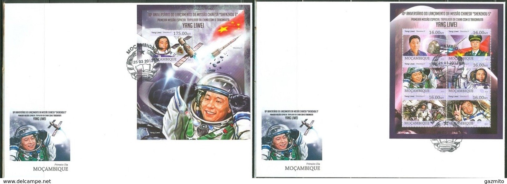 Mozambico 2013, Space, Chinese Astronaut Yang Liwei,flag,  6val In BF +BF In 2FDC - Afrique