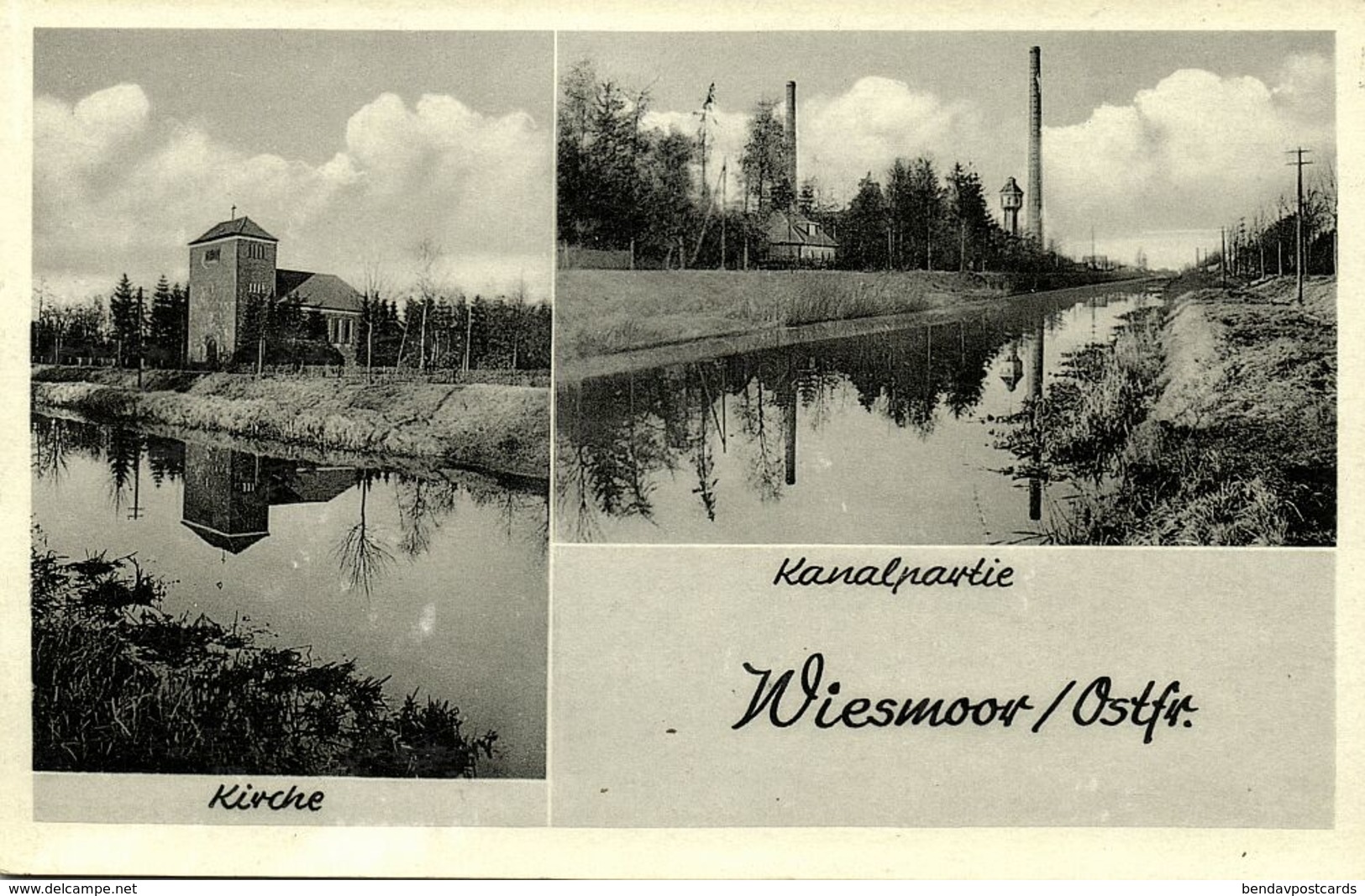 WIESMOOR I. Ostfriesland, Kirche, Kanalpartie (1930s) AK - Wiesmoor
