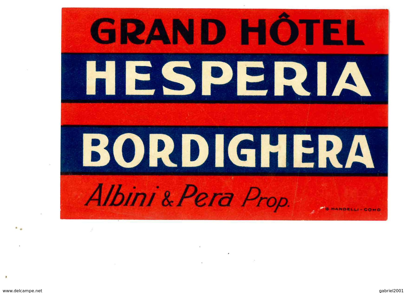 BORDIGHERA HOTEL HESPERIA - Etiquettes D'hotels