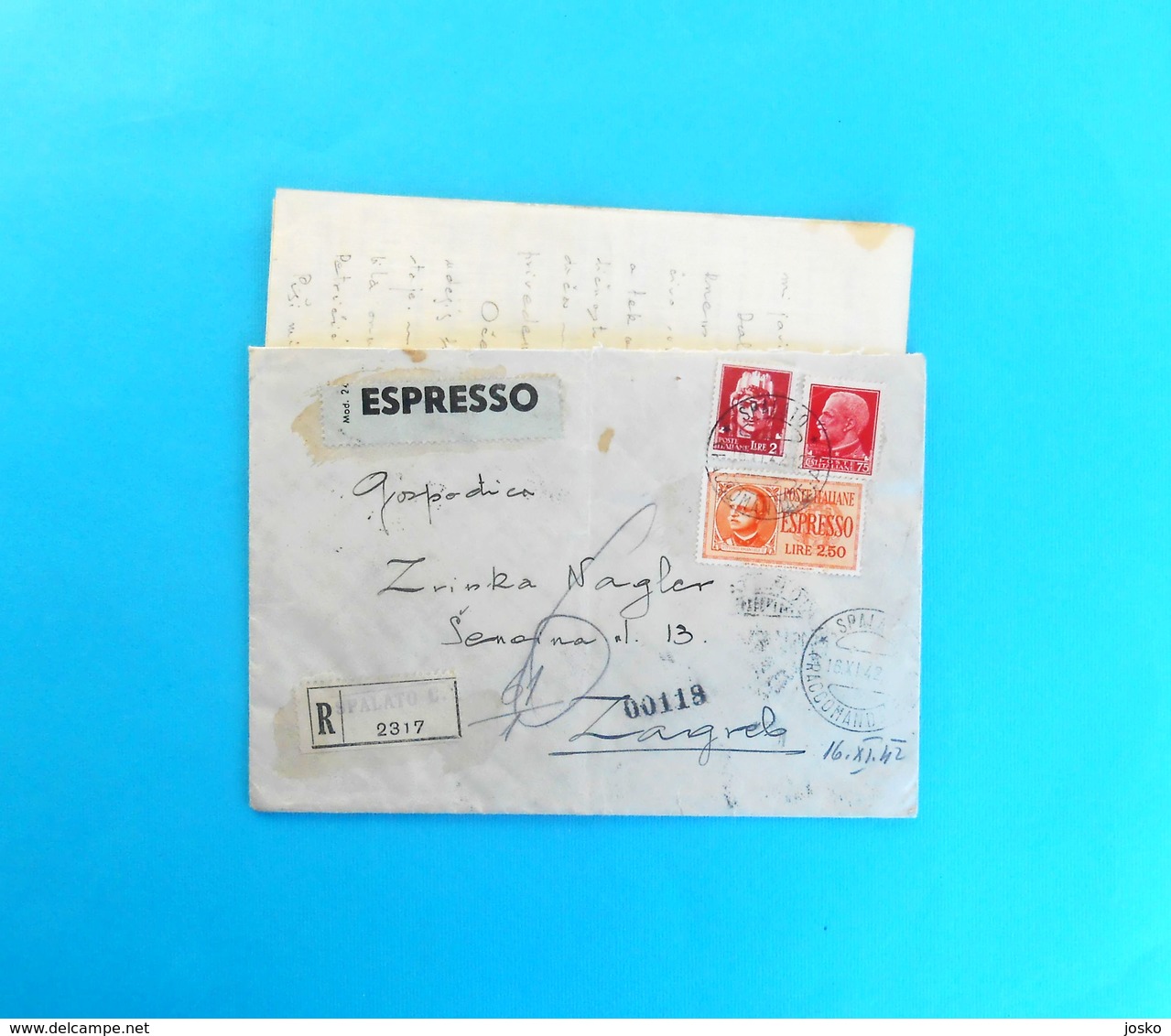 WW2 - 1942. Travelled Spalato To Zagreb - CENSURE - REGISTERED & EXPRESS LETTER Censura - Posta Raccomandata + Espresso - Croatian Occ.: Sebenico & Spalato