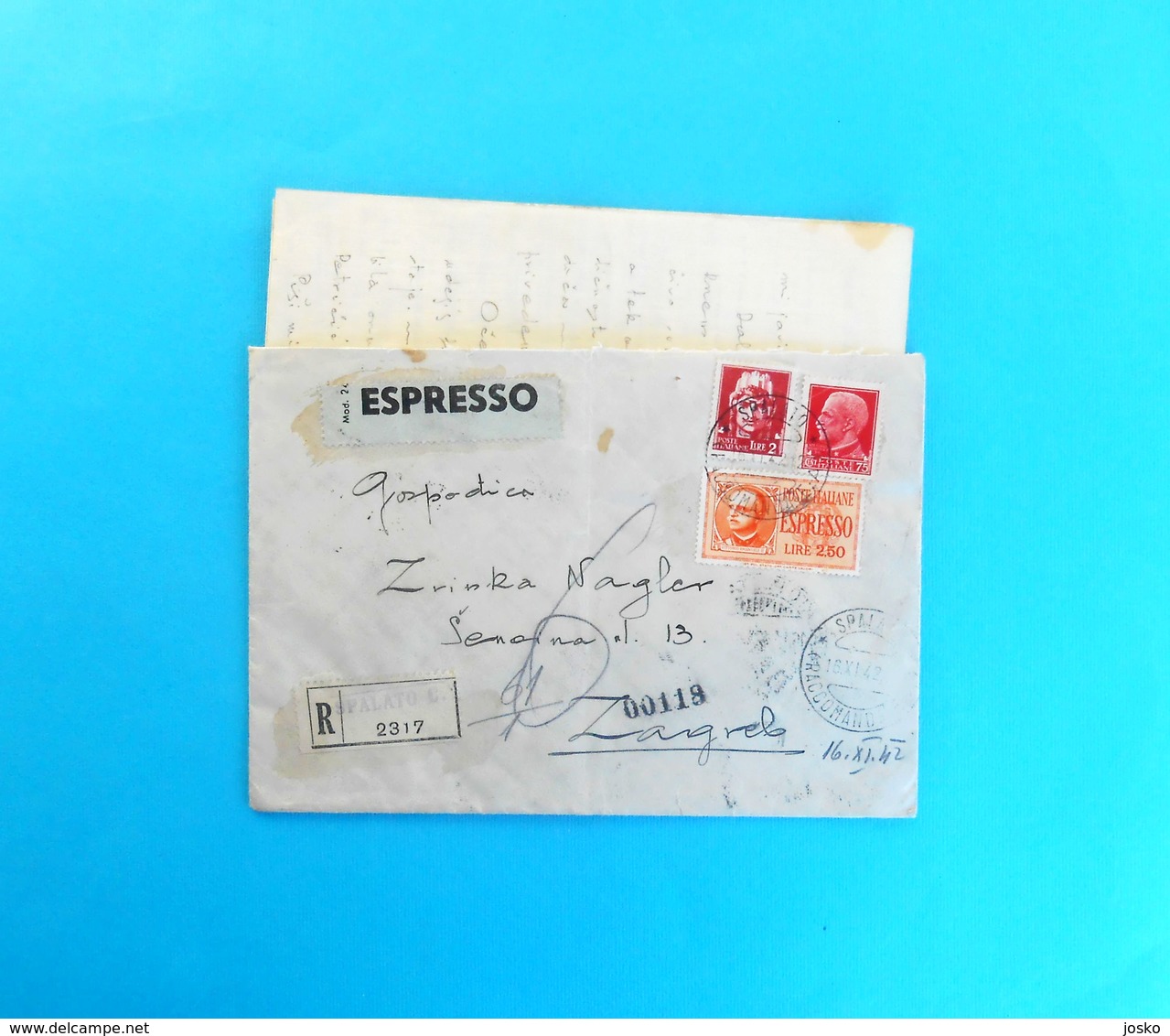 WW2 - 1942. Travelled Spalato To Zagreb - CENSURE - REGISTERED & EXPRESS LETTER Censura - Posta Raccomandata + Espresso - Kroatische Bes.: Sebenico & Spalato