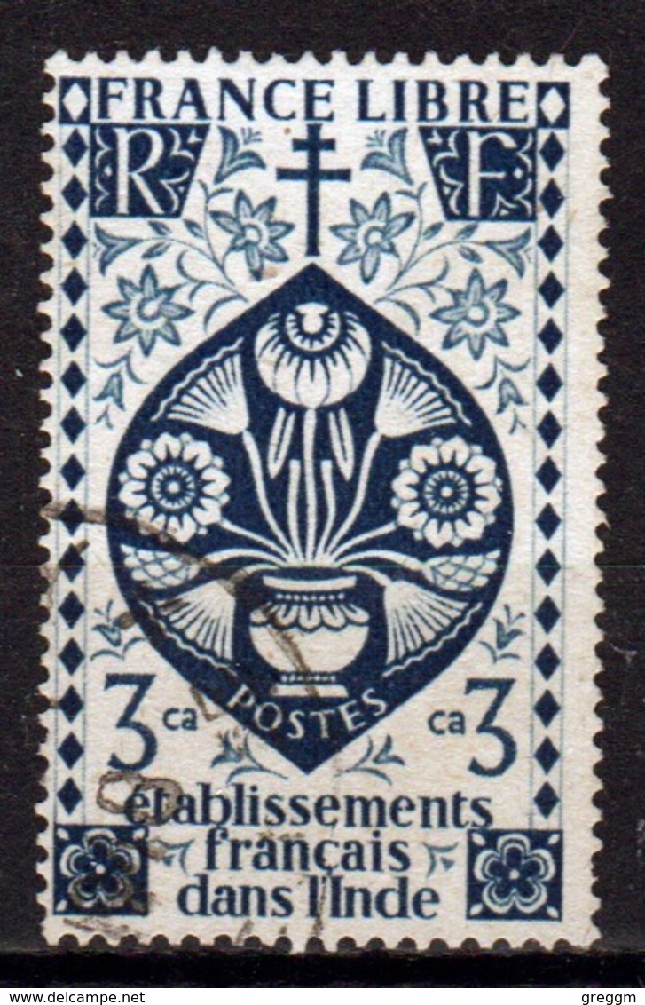 French Indian Settlements 1942 Single 3 Caches Blue Stamp Which Is Part Of The Free French Issue. - Used Stamps