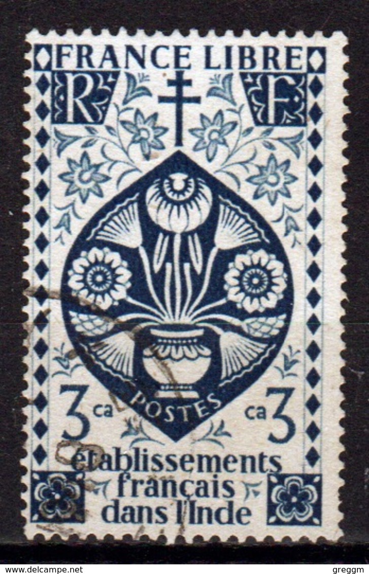 French Indian Settlements 1942 Single 3 Caches Blue Stamp Which Is Part Of The Free French Issue. - Usati