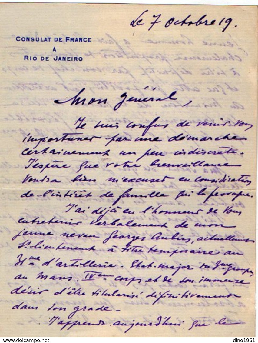 VP13.082 - Brésil - Consulat De France à RIO DE JANEIRO 1919  - Lettre De Mr ?? Pour Mr Le Général GAMELIN - Manuscrits