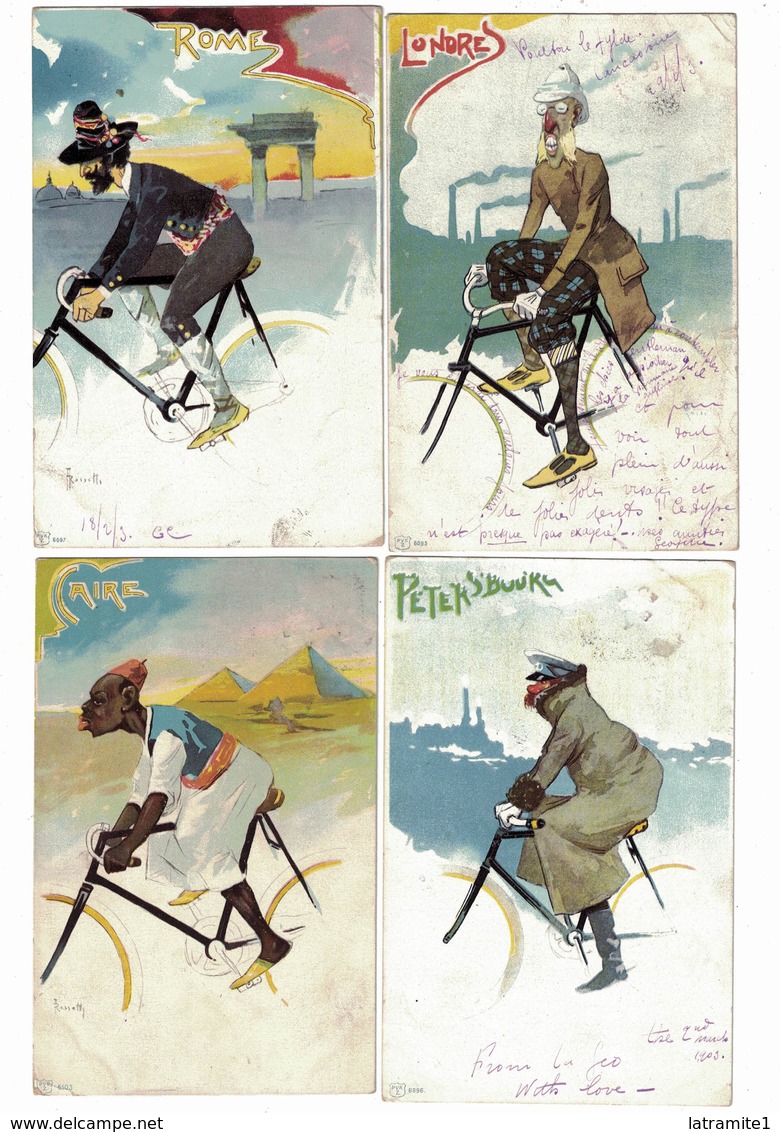 CARTOLINA CARTE POSTALE POST CARD  Serie 12 Cartoline Umoristiche  CITTA' DEL MONDO IN BICICLETTA  Illustratore ROSSETTI - Pubblicitari