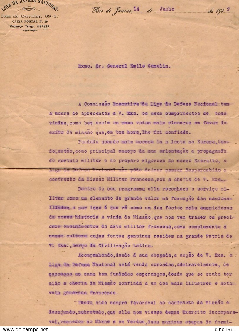 VP13.084 - Brésil - Liga Da Defesa National RIO DE JANEIRO 1919 - Lettre De Mr B. HOMIRA  Pour Mr Le Général GAMELIN - Documents