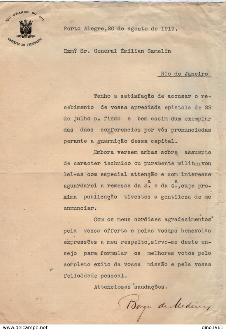 VP13.085 - Brésil - Gabinete Do Presidente à PORTO ALEGRA 1919 - Lettre De Mr BORGES DE MEDEIROS Pour Mr Le Gal. GAMELIN - Documentos