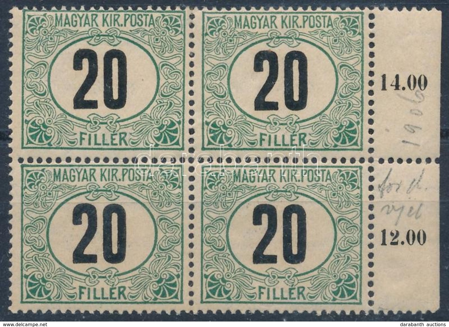 ** 1905 Zöldportó 20f ,,B' ívszéli Négyestömb (64.000++) - Other & Unclassified