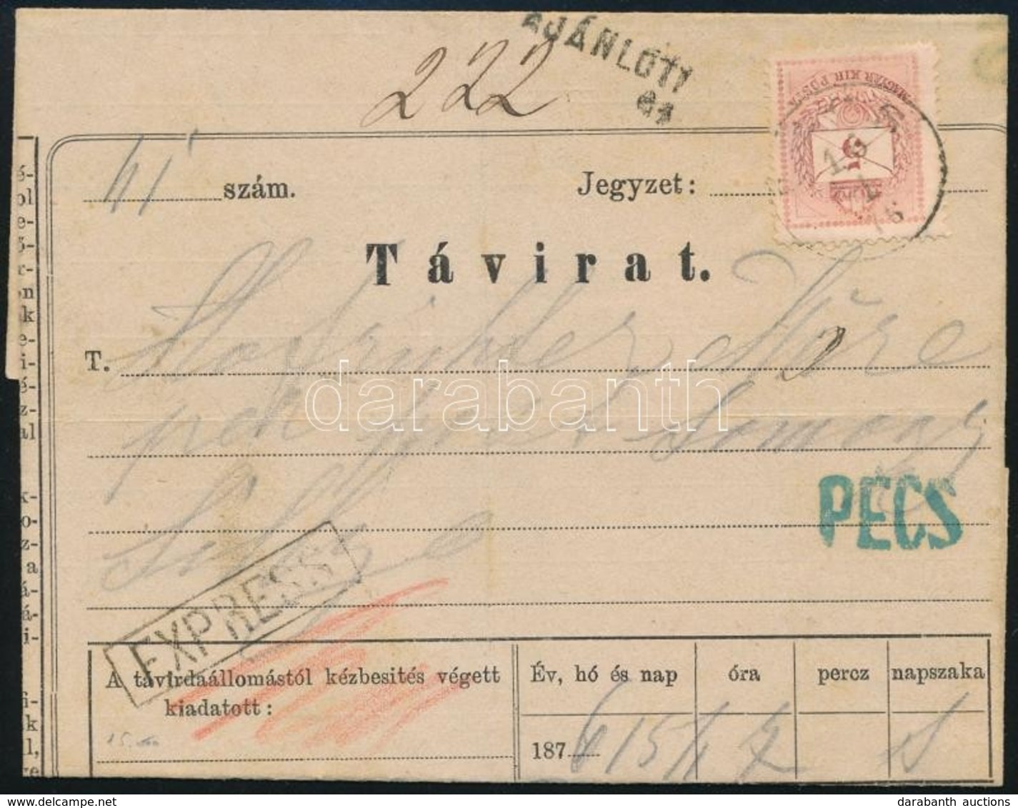 1876 Ajánlott Expressz Távirat,  20kr Hiányzik A Hátoldalról 'PÉCS' - 'SELLYE / SOMOGY M.' - Autres & Non Classés