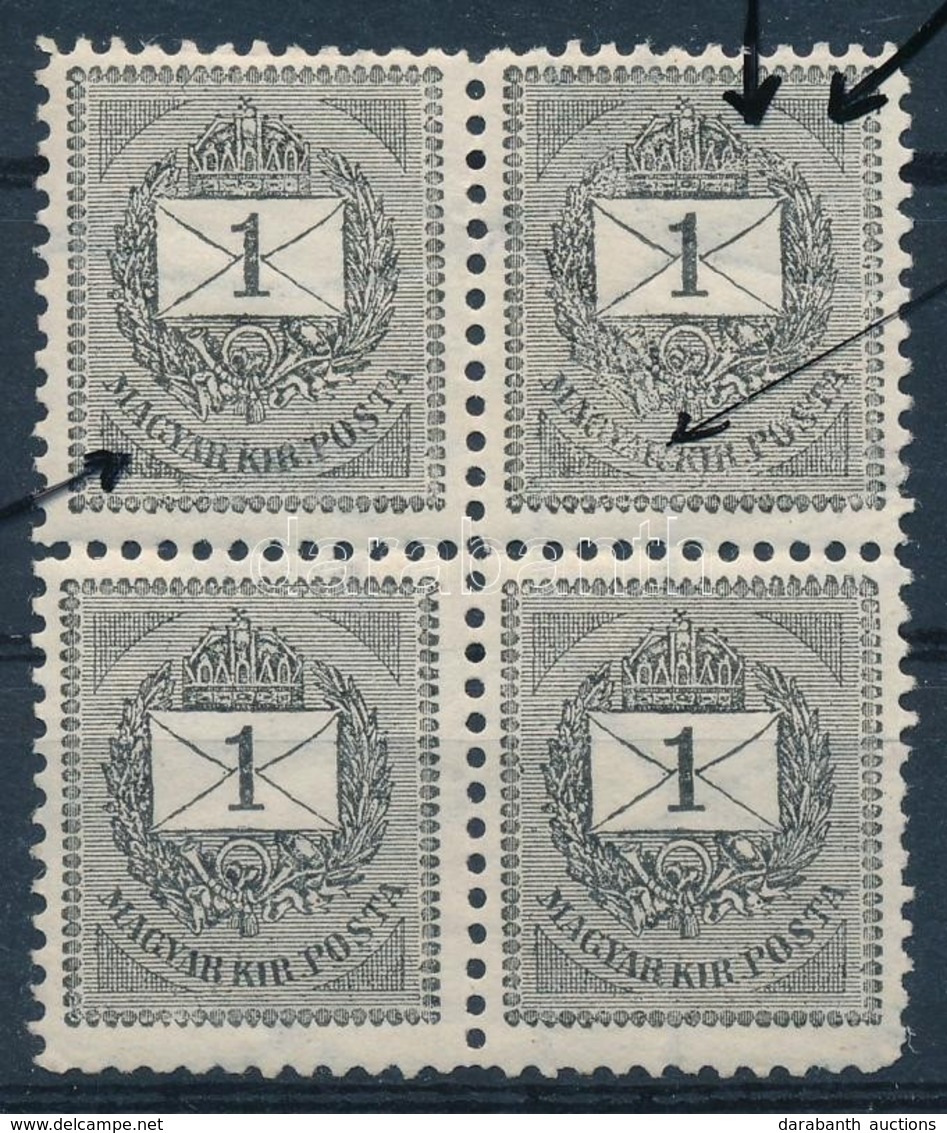 ** 1889 1kr Négyestömb 'törött R' + Lemezkitörés (betapadás, Törés, Rövid Fogak) - Autres & Non Classés