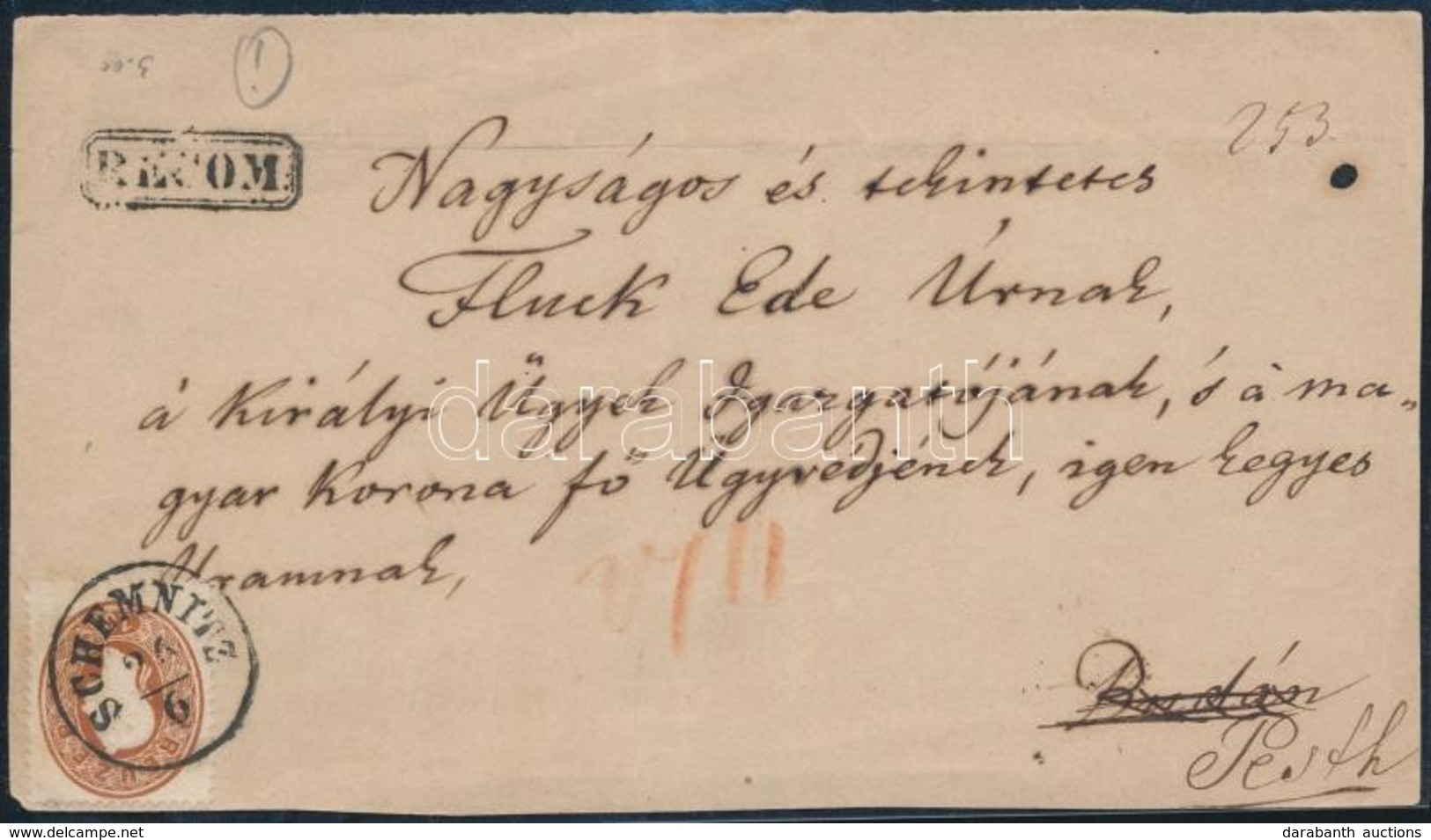 1861 10kr Levél Előlapon 'SCHEMNITZ'  + Szép 'RECOM' Ritka Bélyegzés - Autres & Non Classés