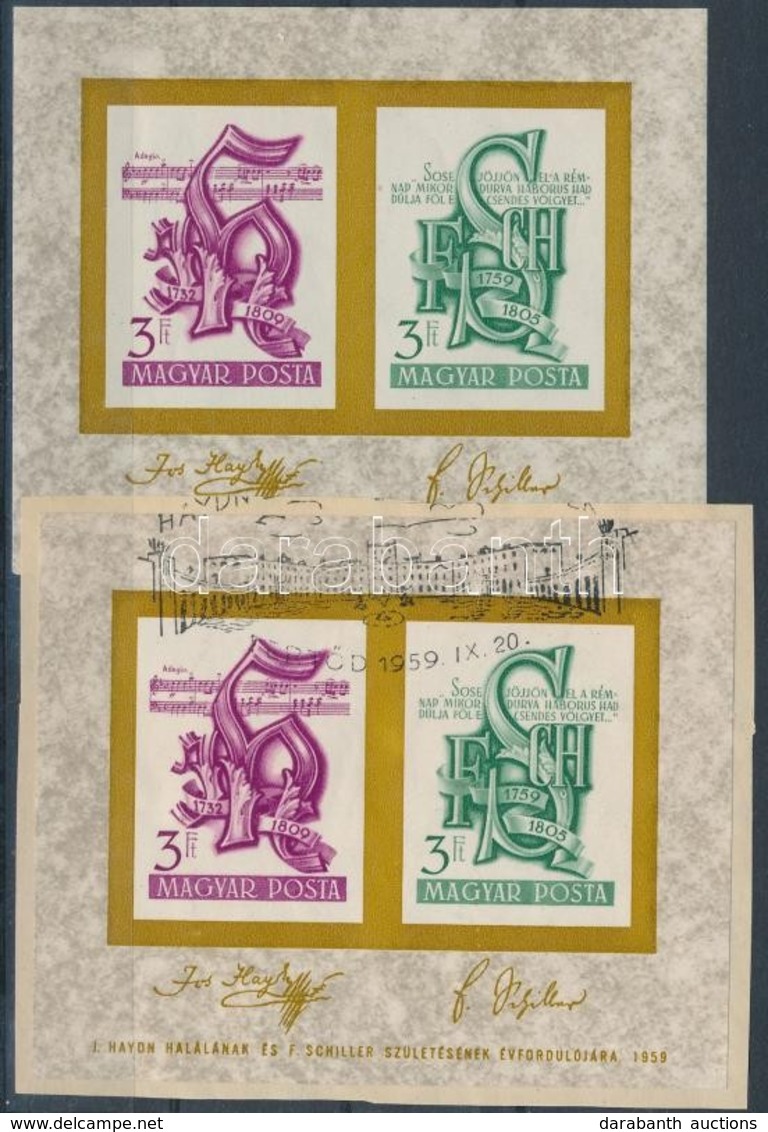 ** 1959 Haydn és Schiller 2 Db Blokk, Az Egyik Postatiszta, A Másik Kivágáson Alkalmi Bélyegzéssel (10.000) - Autres & Non Classés