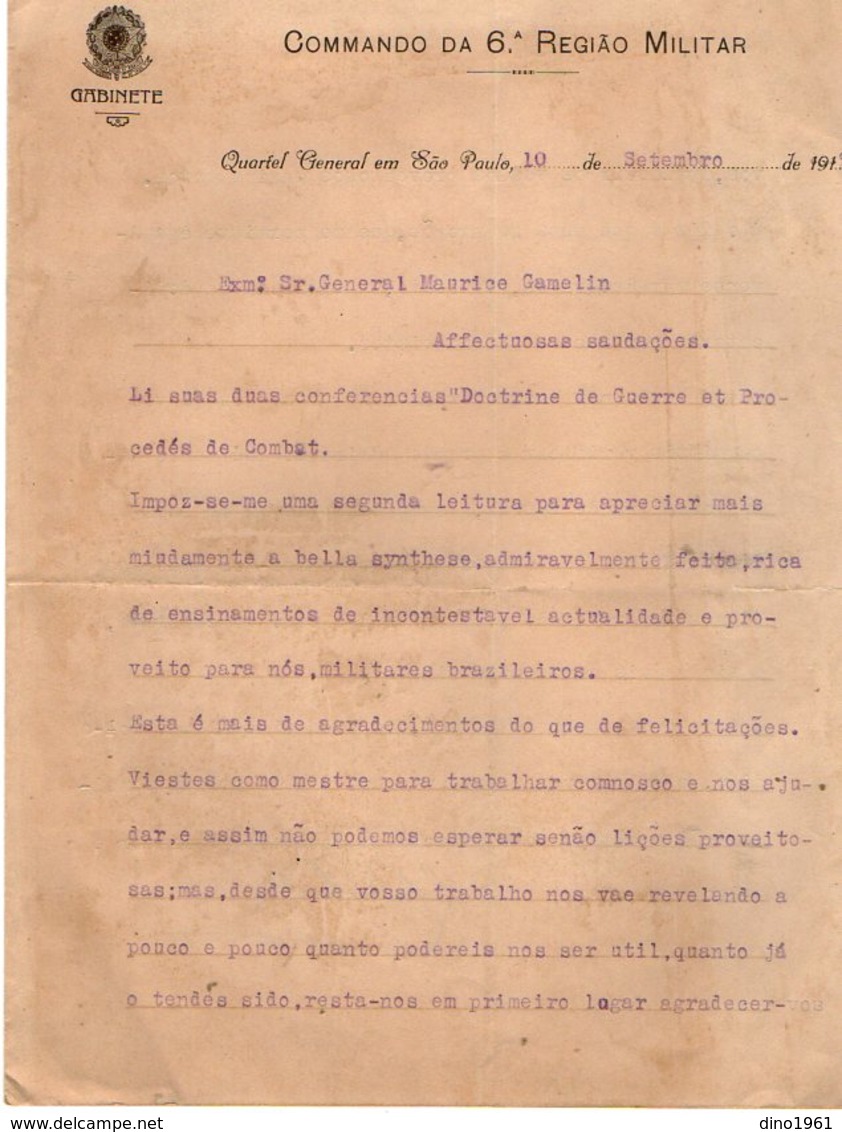 VP13.086 - Brésil - Gabinete - Quartel General Em SAO PAULO 1919 - Lettre De Mr L. BARBE Pour Mr Le Général GAMELIN - Documentos