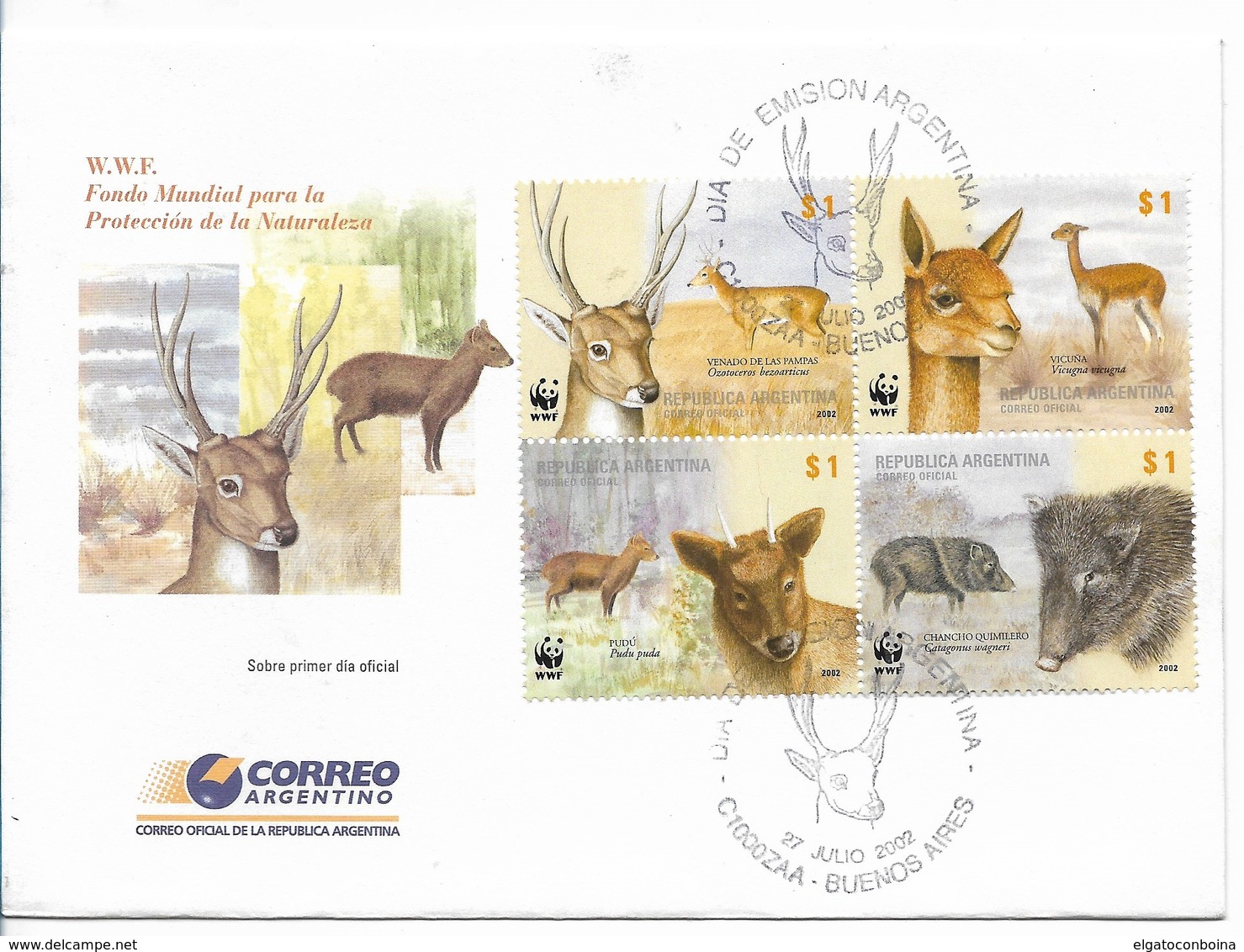 ARGENTINA FDC, 2002, WWF, ANIMALS, FAUNA PROTECTION BLOCK OF FOUR ON FDC SCOTT 2192 - FDC