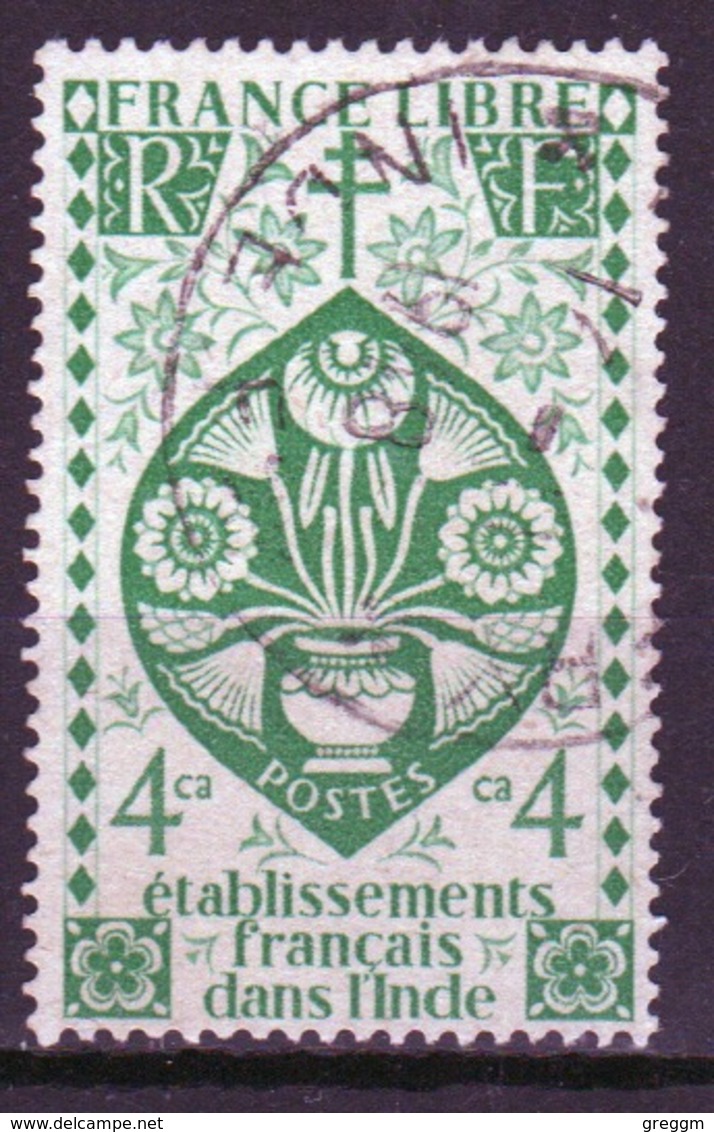 French Indian Settlements 1942 Single 4 Caches Green Stamp Which Is Part Of The Free French Issue. - Used Stamps