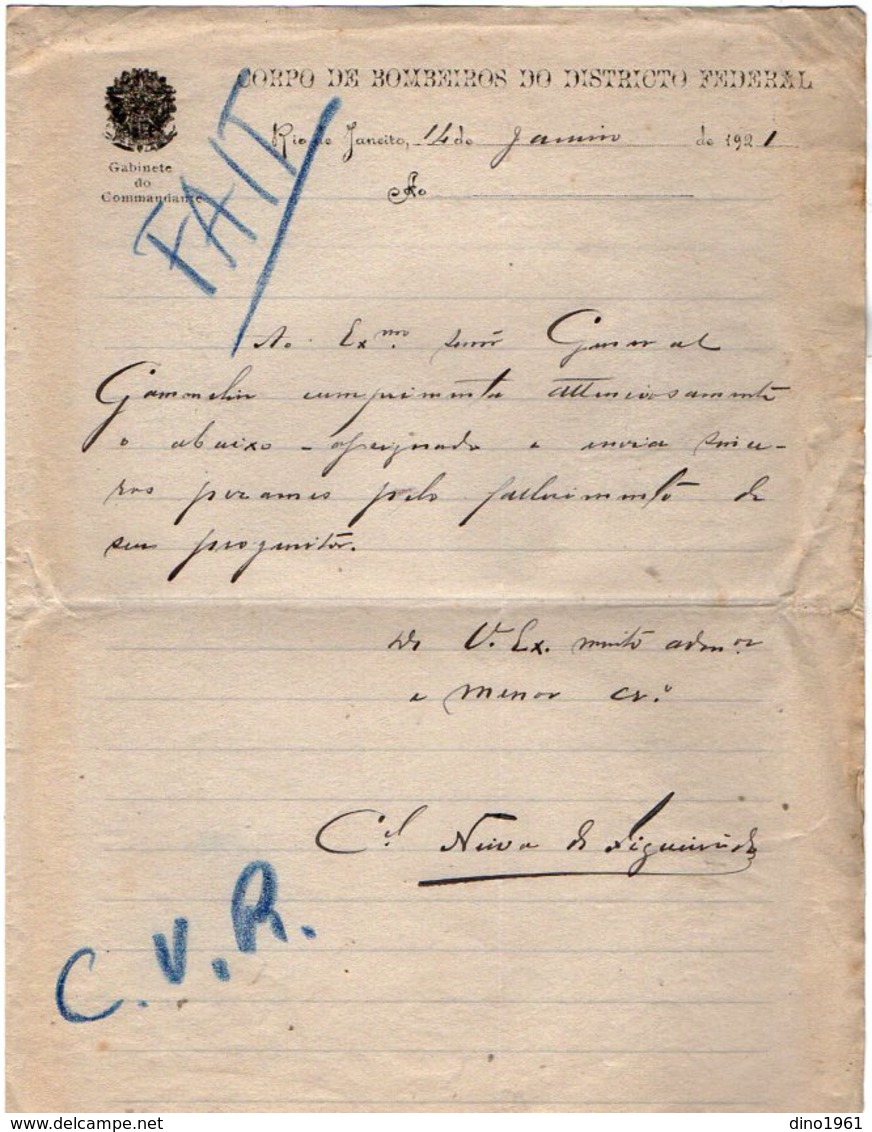 VP13.088 - Brésil - Corpo De Bombeiros ( Pompiers )  à RIO DE JANEIRO 1921 - Lettre De Mr ?? Pour Mr Le Général GAMELIN - Documents