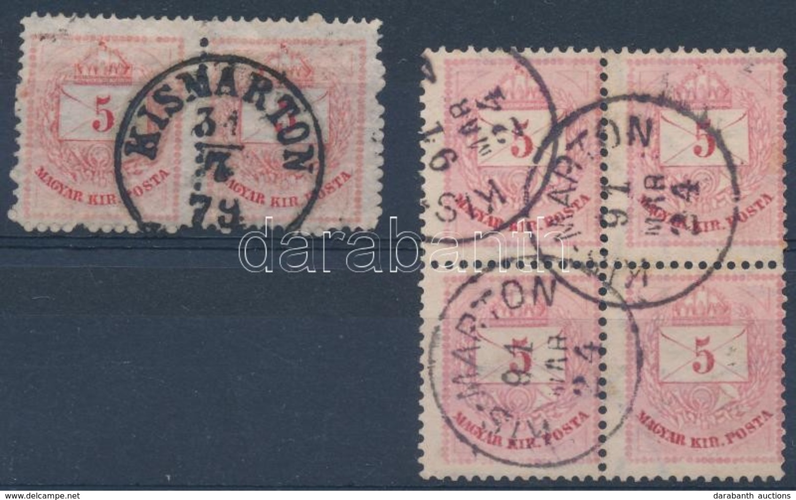 O 1879-1891 1874-es 5kr Pár + 1881-es 5kr 4-es Tömb 'KISMARTON' Bélyegzéssel - Autres & Non Classés