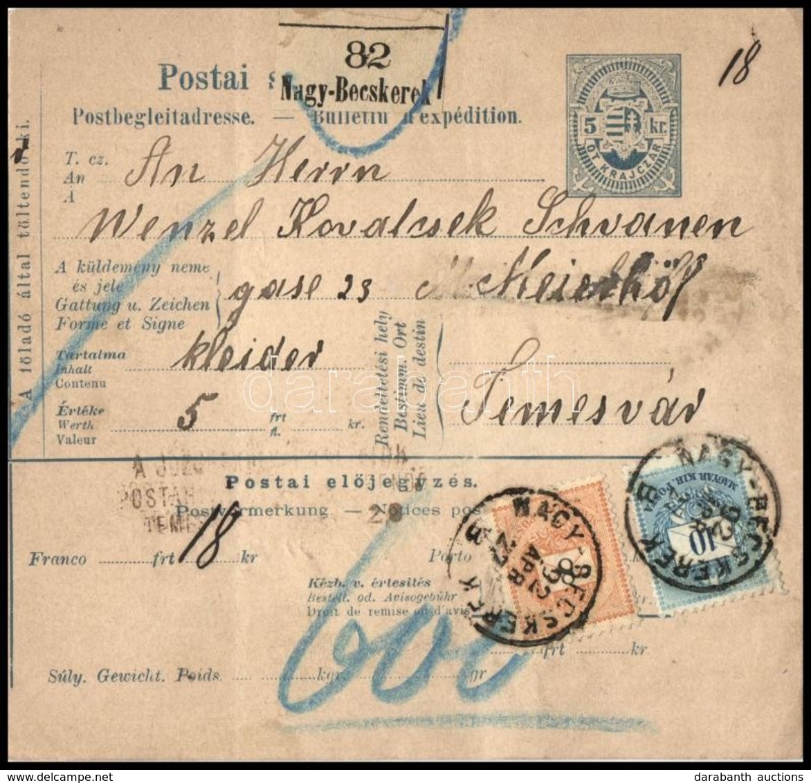 1892 Szállítólevél 18kr Bérmentesítéssel 'NAGY-BECSKEREK' - 'TEMESVÁR' - Autres & Non Classés