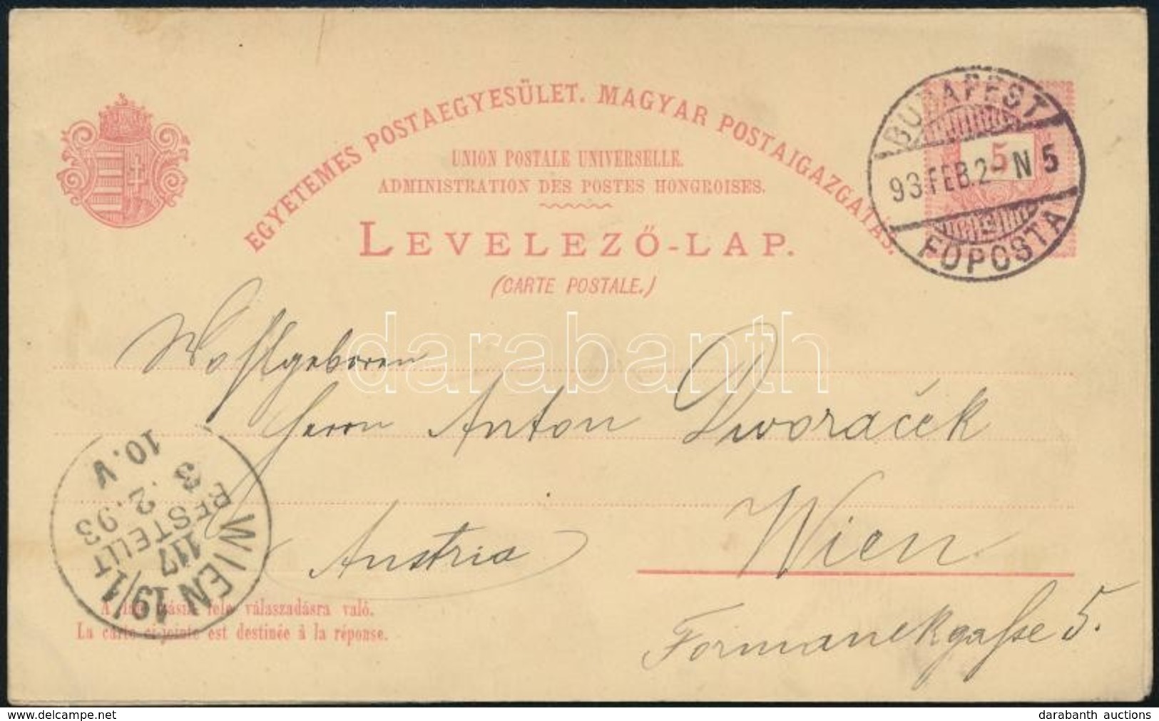 1893 5kr  Díjjegyes Levelezőlap Bécsbe Használatlan Válaszlappal - Autres & Non Classés