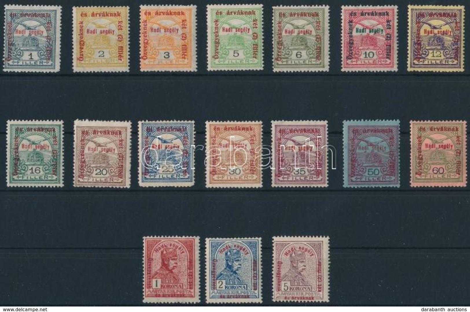 ** * 1915 Hadisegély 17 értékes Sor / Mi 162-178 (5f, 6f, 1K, 2K Falcos / Hinged) (foghibák, Törések / Perf Errors, Fold - Autres & Non Classés