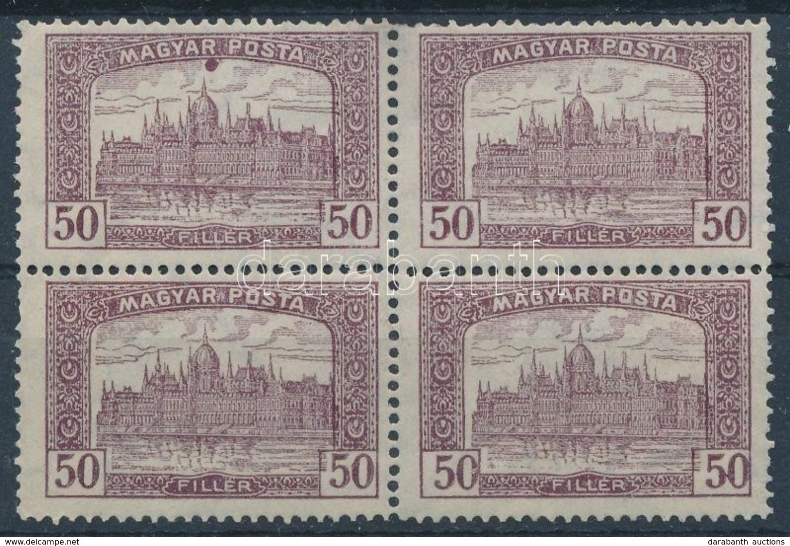 ** 1919 Magyar Posta 50f Négyestömb Eltolódott Középrésszel, Az Első Bélyegen Nagy Festékfolt Az 'R' Alatt - Autres & Non Classés