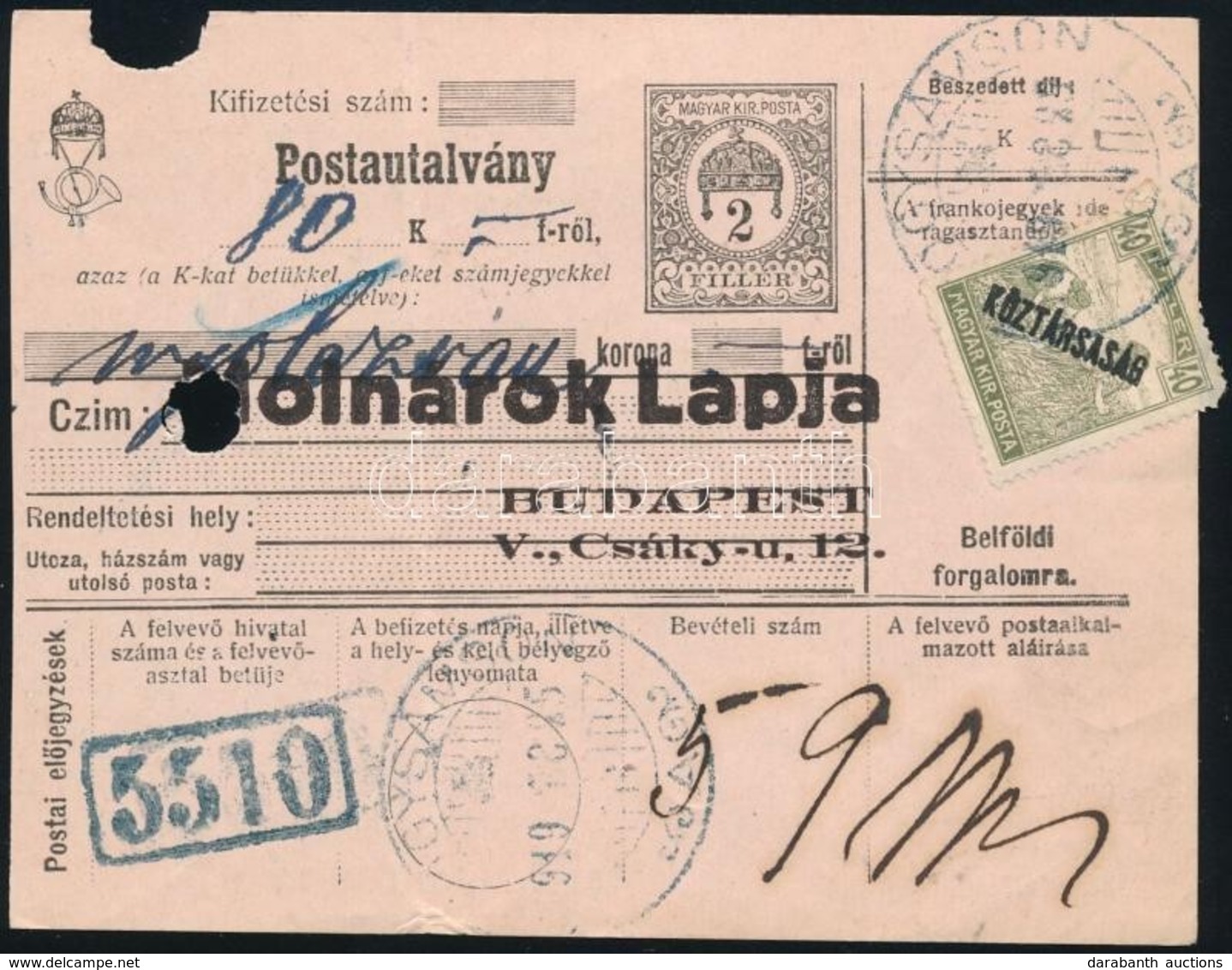 1919 Postautalvány Köztársaság 40f Bélyeggel, 80 Korona összegről - Other & Unclassified