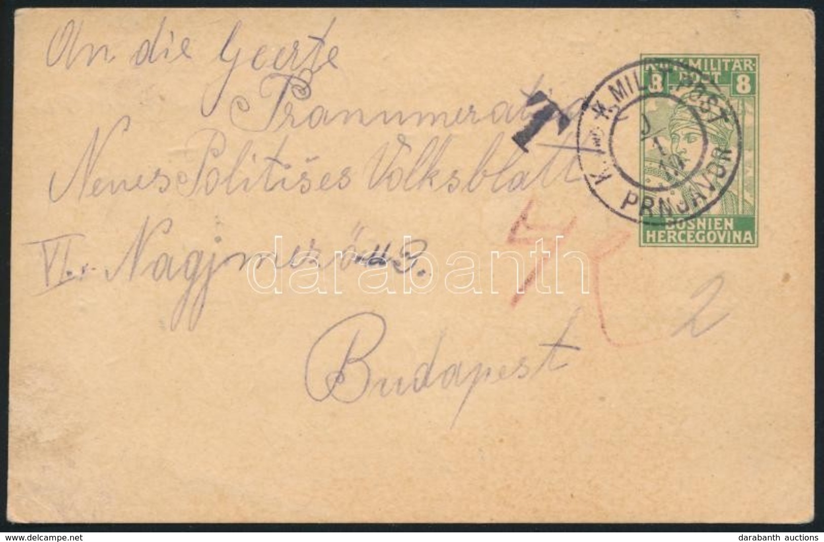 1916 8h Díjjegyes Levelezőlap Portózva / 8h PS-card With Postage Due 'K. Und K. MILIT.POST PRNJAVOR' - Autres & Non Classés