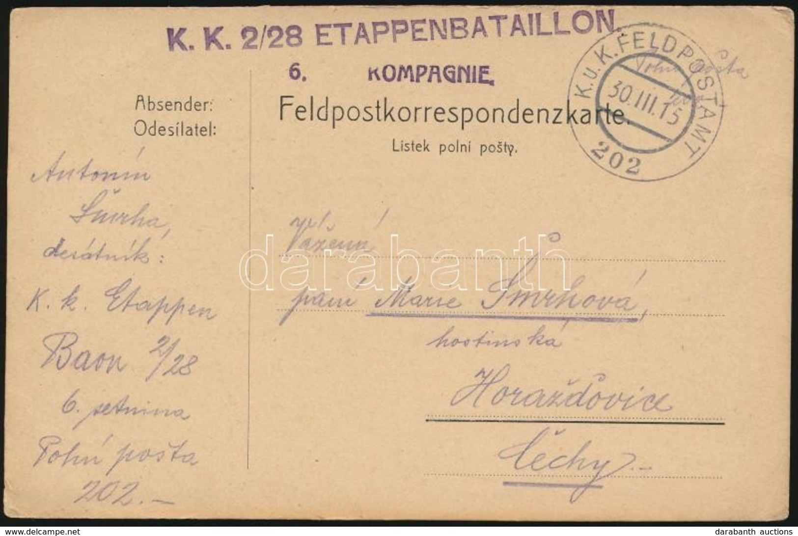 1915 Tábori Posta Levelezőlap 'K.K. 2/28 ETAPPENBATAILLON' + 'FP 202' - Andere & Zonder Classificatie