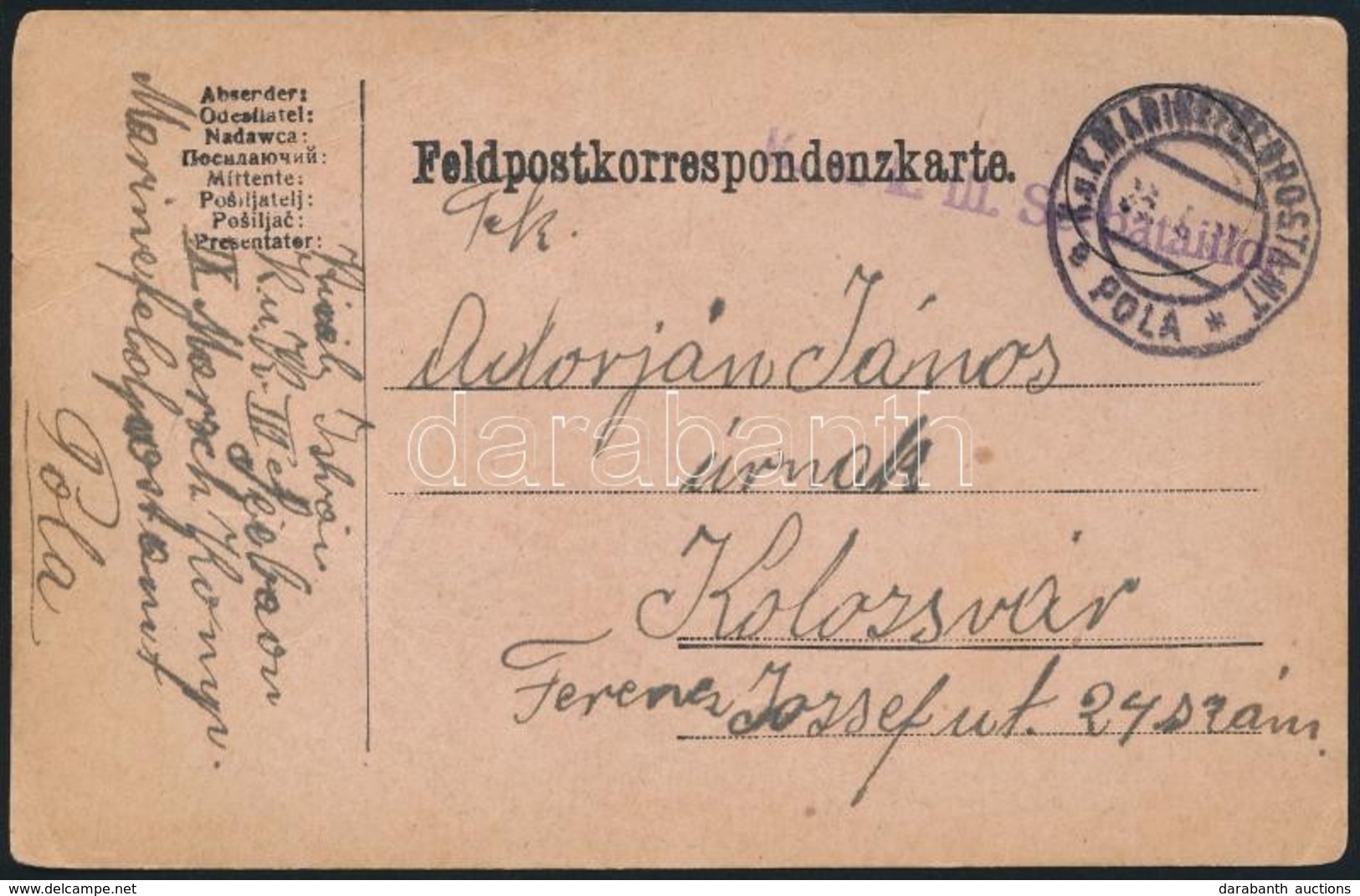 1917 Tábori Posta Levelezőlap / Field Postcard 'K.u.k. III. Seebataillon' + 'MFP POLA' - Altri & Non Classificati